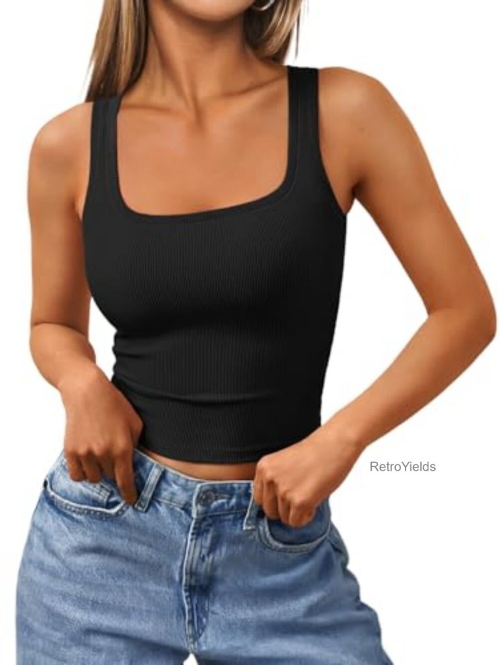 Ribbed Square Neck Cropped Tank Top Sleeveless Spaghetti Strap Y2K